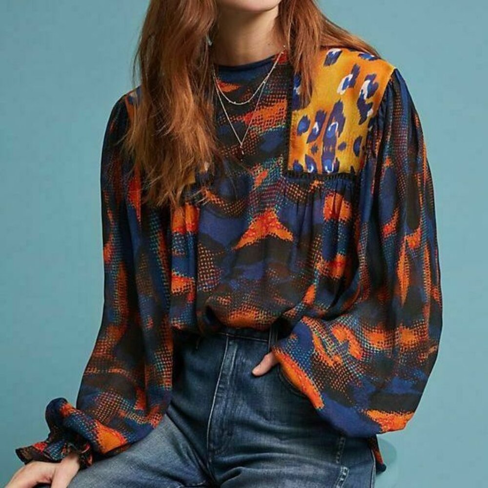Anthropologie Bl^nk London Miranda Leopard Mixed Media Peasant Top